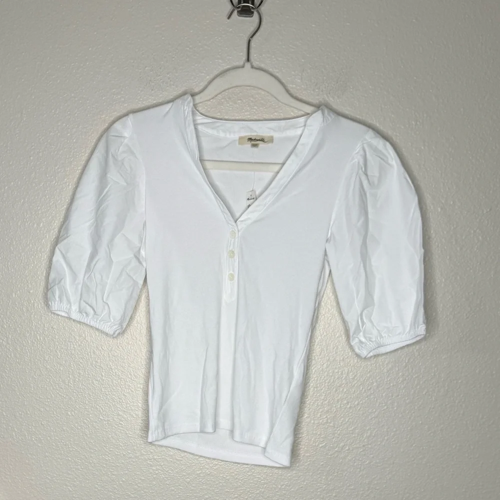 MADEWELL V-Neck Puff Sleeved Mixy Top Blouse NWT XXS Classic White